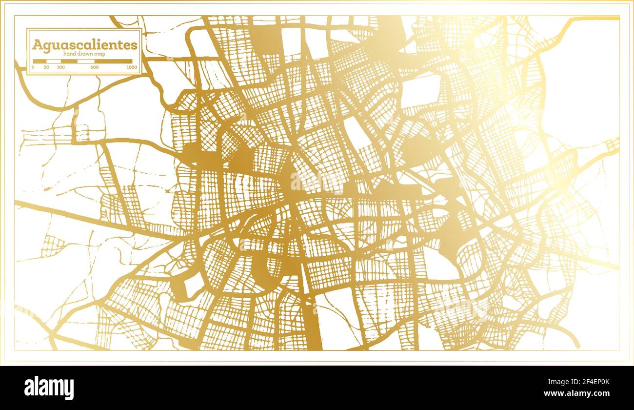 Aguascalientes Mexico City Map in Retro Style in Golden Color. Outline Map. Vector Illustration. Stock Vector