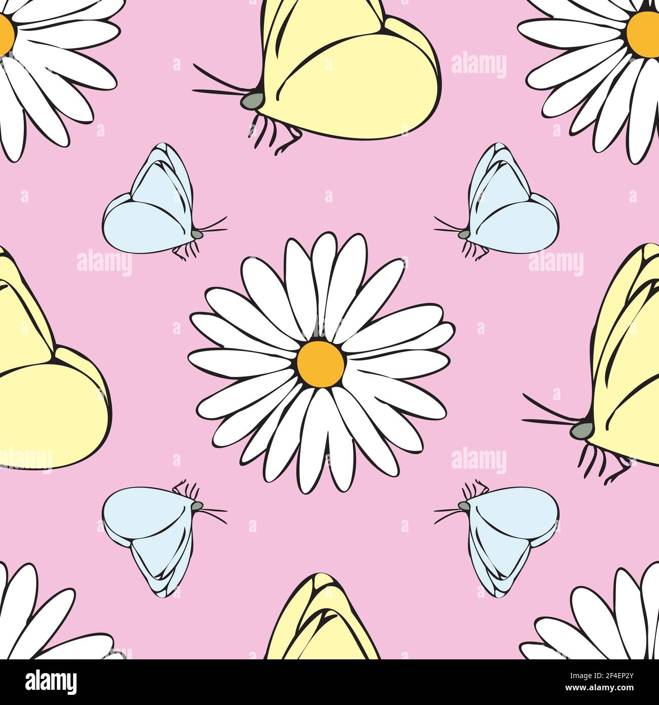Vector pastel pink background daisy flowers and butterfly seamless ...