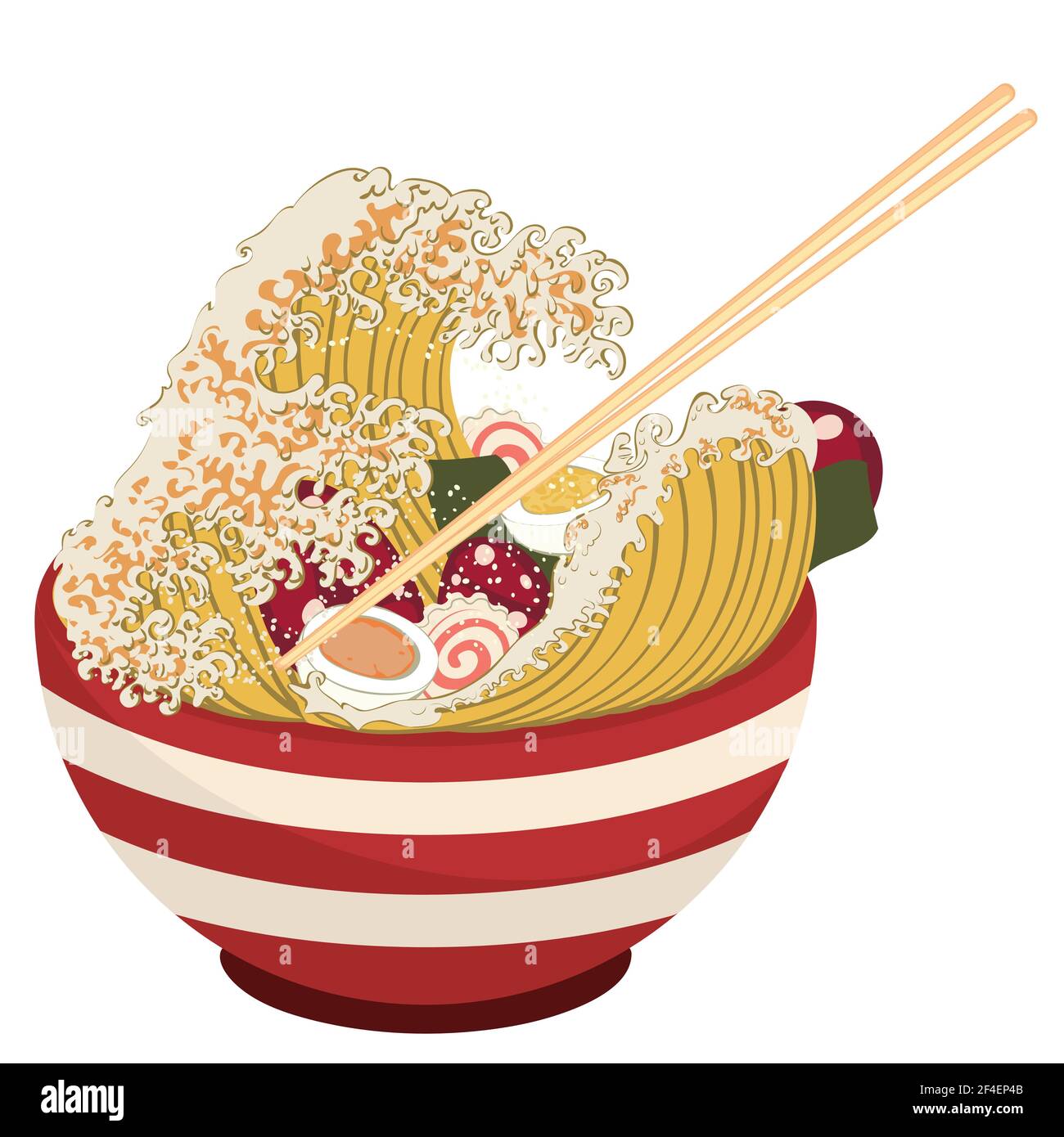 Cartoon red bowl of ramen, noodles in a wave shape illustration Stock