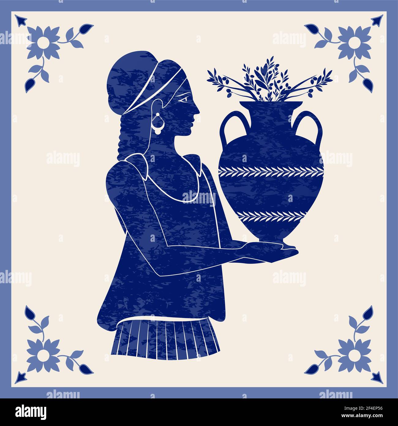 Illustrated ceramic tile. Ancient Greece girl carrying an amphora with