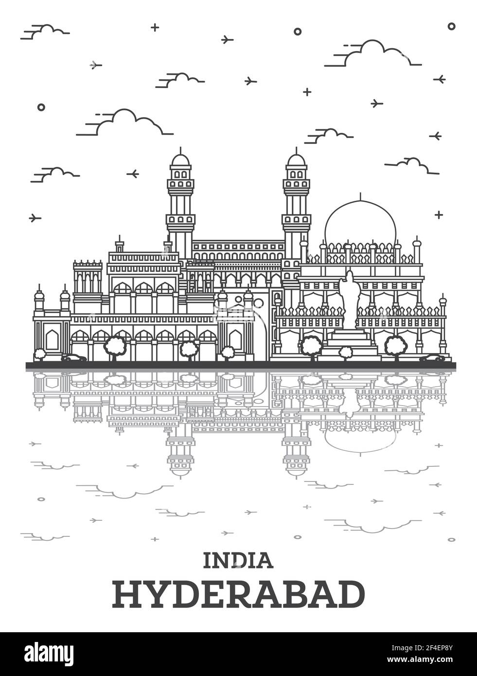 Outline Hyderabad India City Skyline with Historical Buildings and Reflections Isolated on White. Vector Illustration. Hyderabad Cityscape. Stock Vector