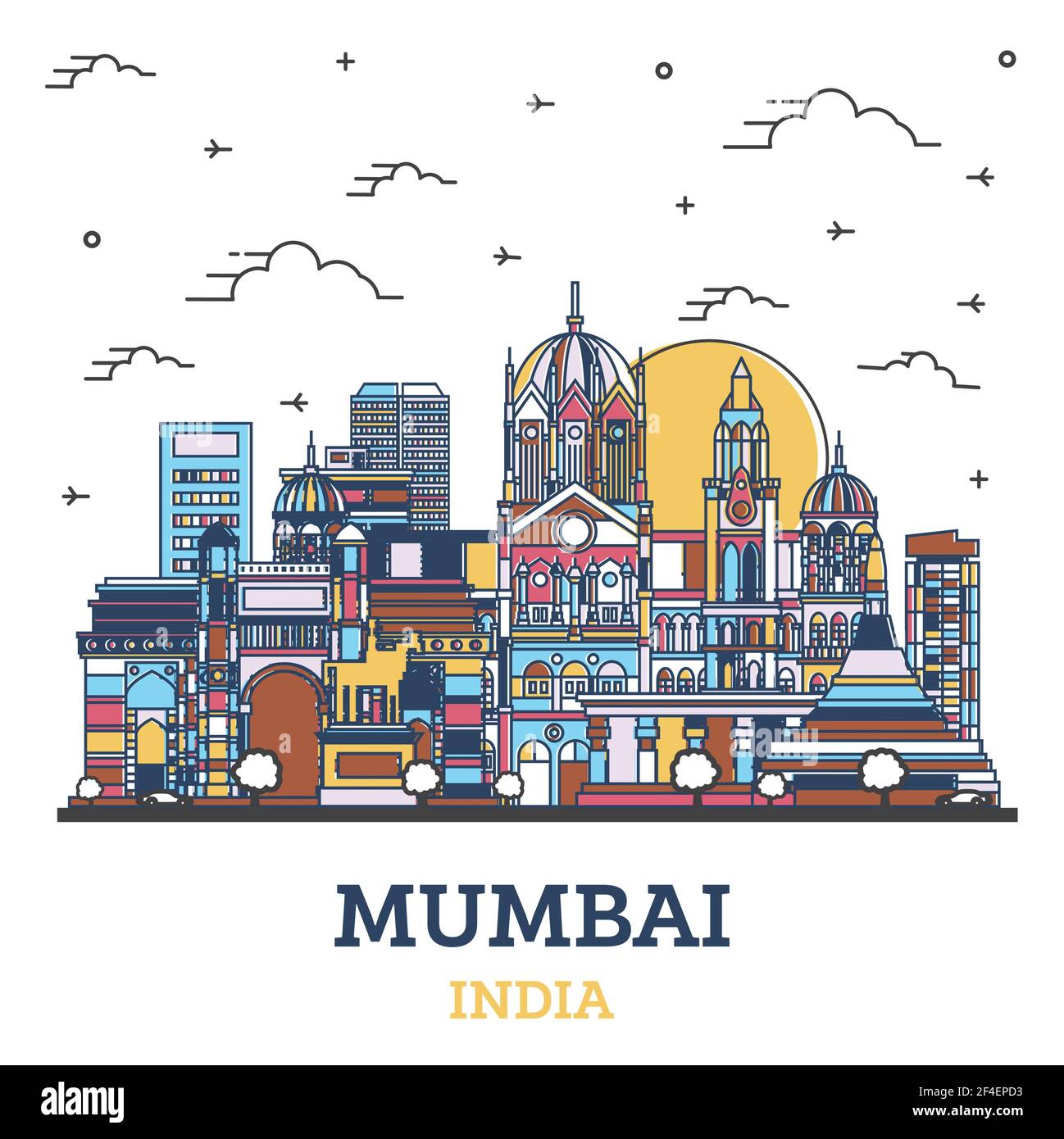 Outline Mumbai India City Skyline with Colored Historic Buildings Isolated on White. Vector Illustration. Bombay Cityscape with Landmarks. Stock Vector