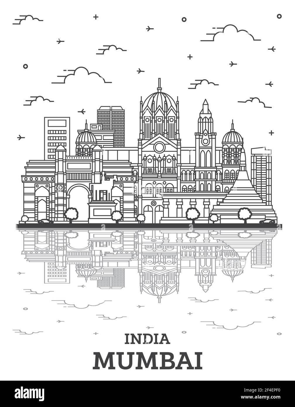 Outline Mumbai India City Skyline with Historic Buildings and Reflections Isolated on White. Vector Illustration. Bombay Cityscape with Landmarks. Stock Vector