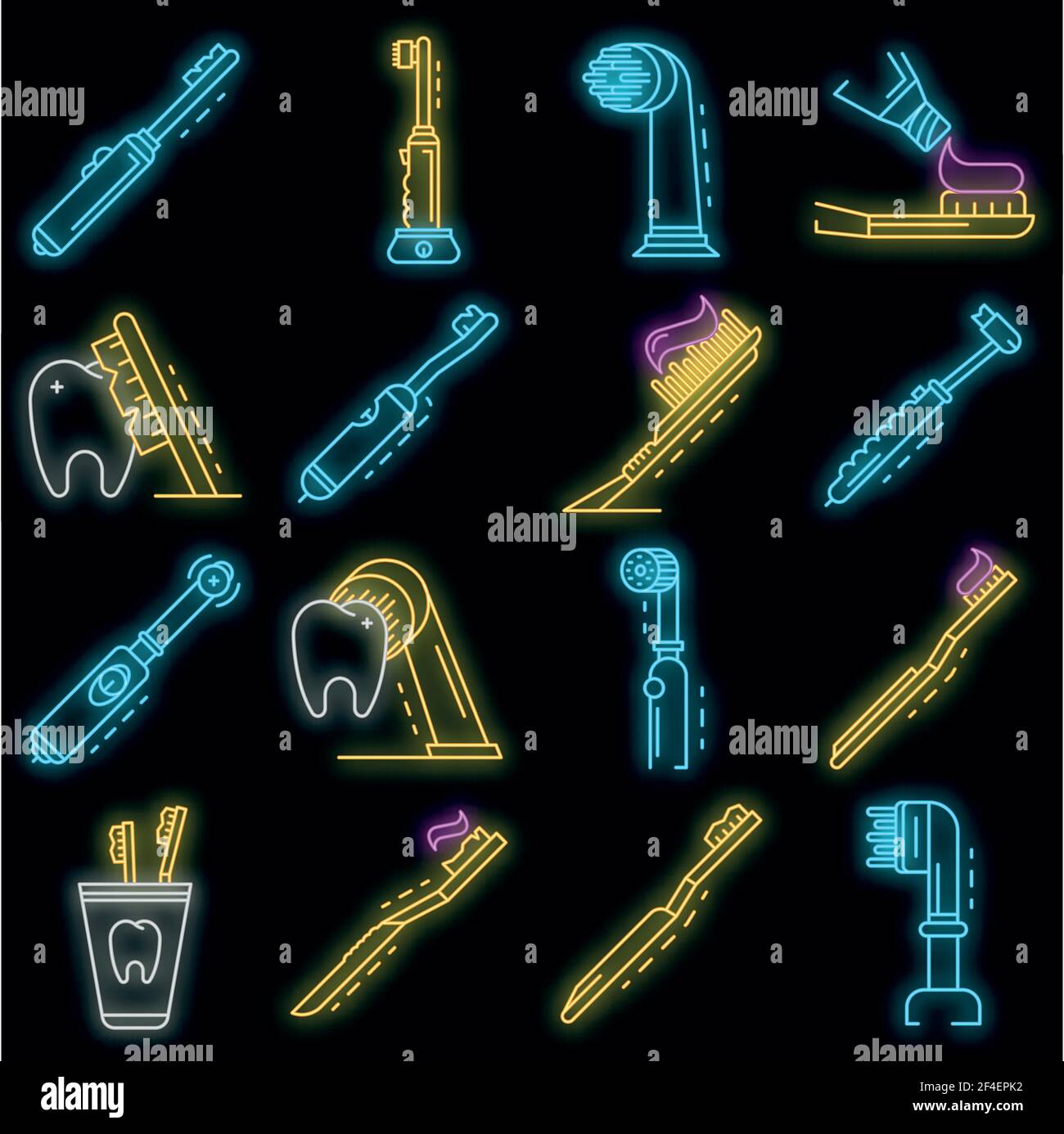 Toothbrush icon set. Outline set of toothbrush vector icons neon color ...