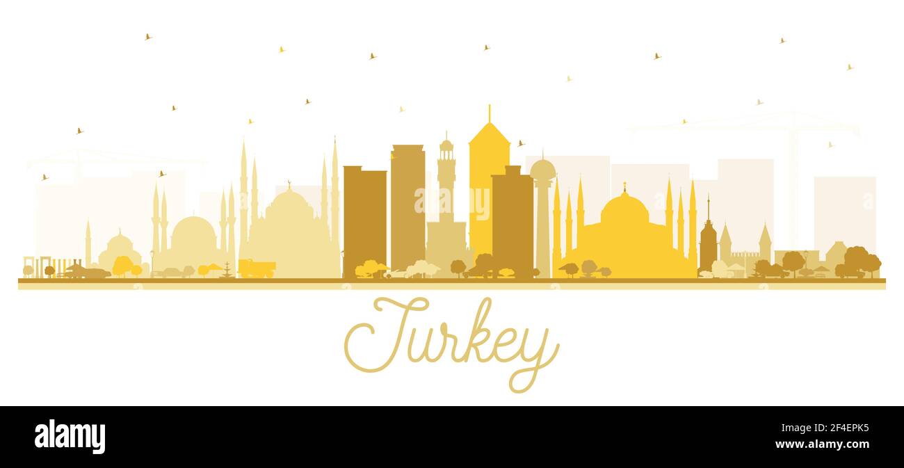 Turkey City Skyline Silhouette with Golden Buildings Isolated on White. Vector Illustration. Tourism Concept with Historic Architecture. Stock Vector