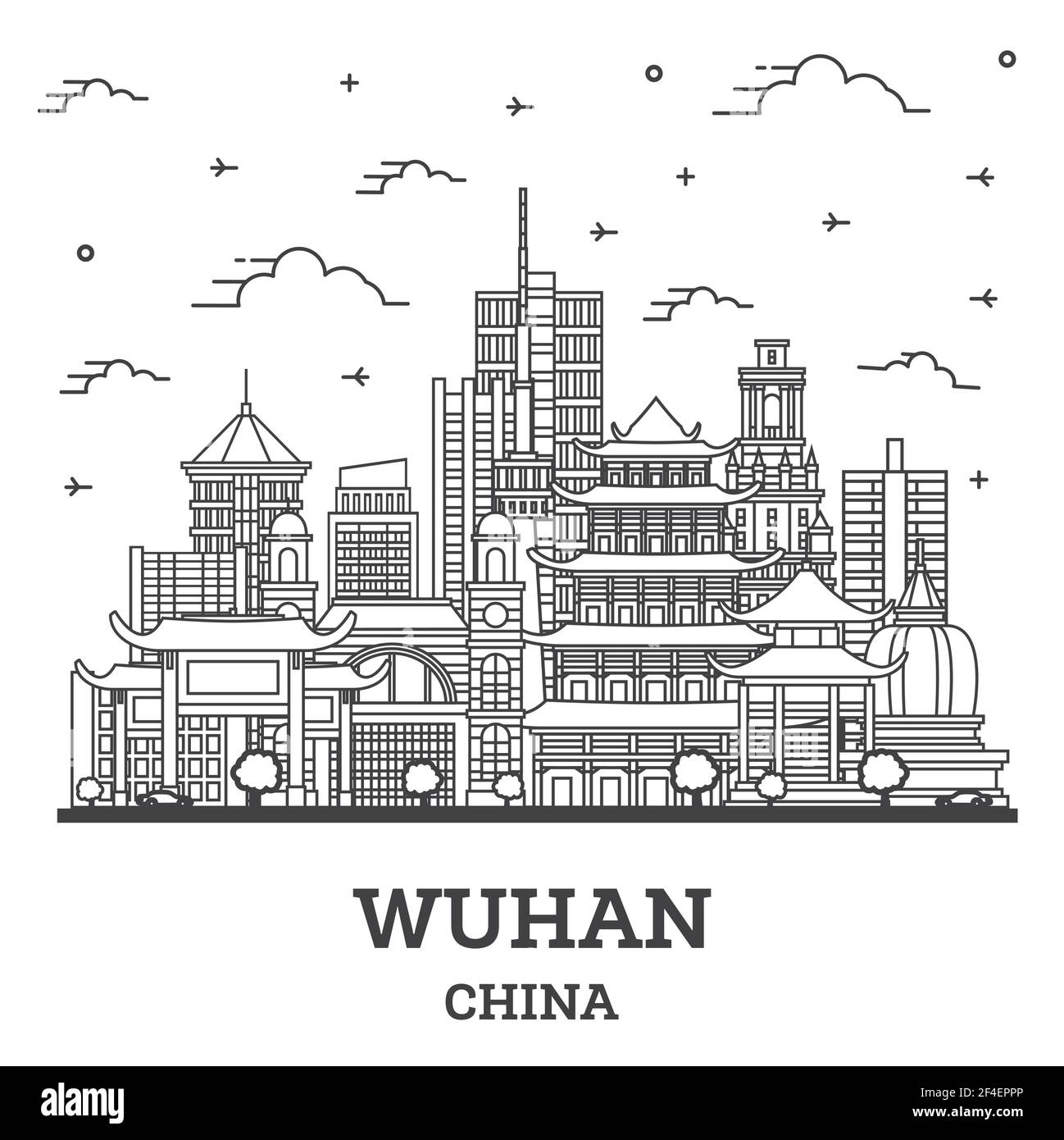 Outline Wuhan China City Skyline with Modern Buildings Isolated on White. Vector Illustration. Wuhan Cityscape with Landmarks. Stock Vector