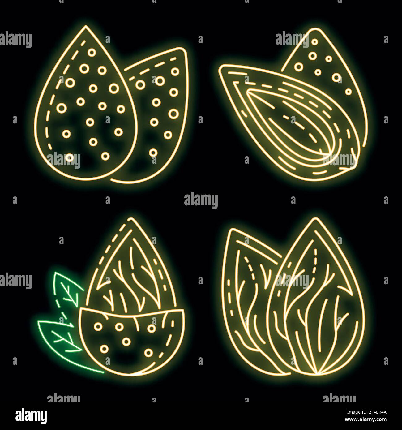Almond icon set. Outline set of almond vector icons neon color on black Stock Vector