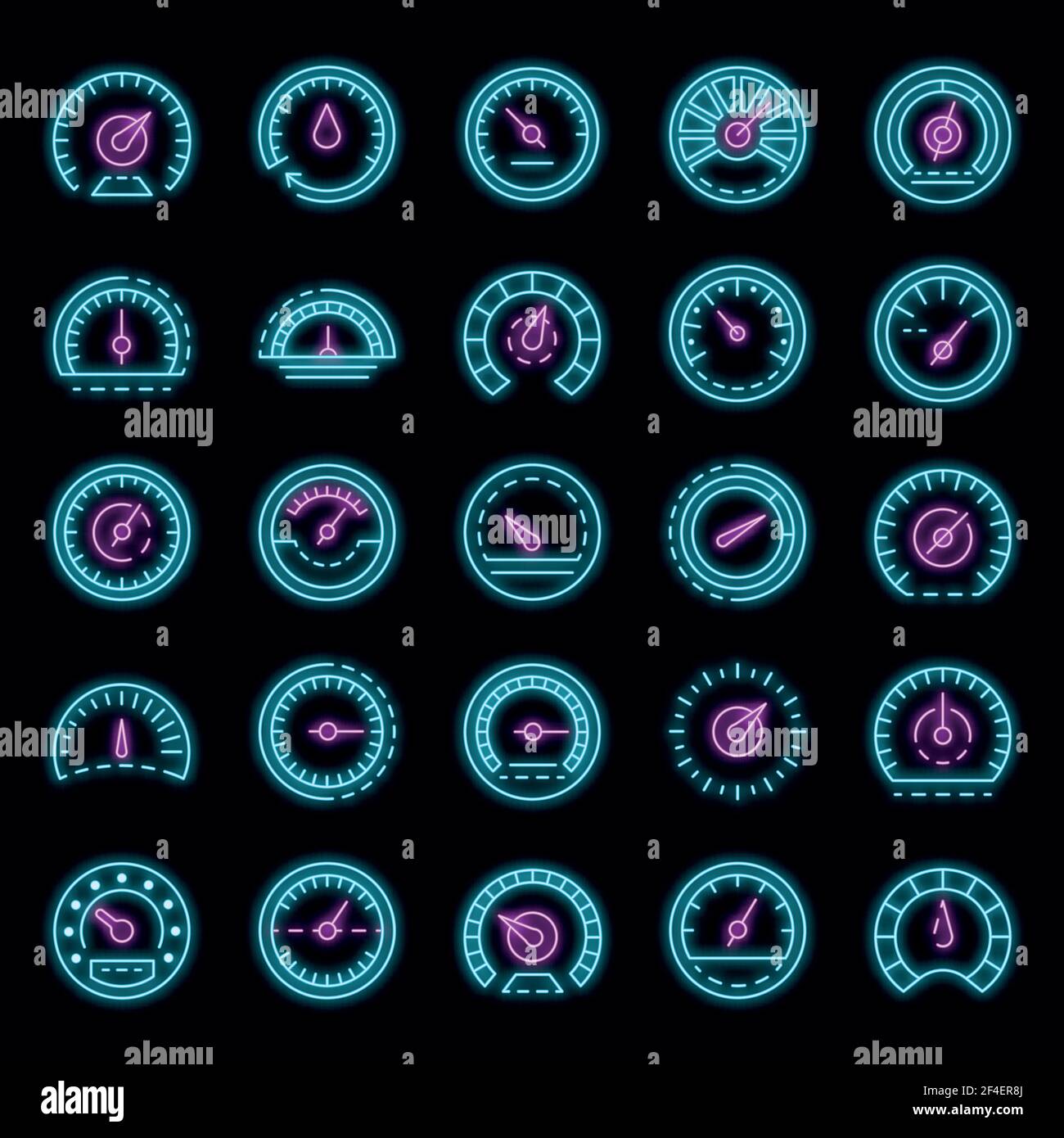 Speedometer icon set. Outline set of speedometer vector icons neon ...