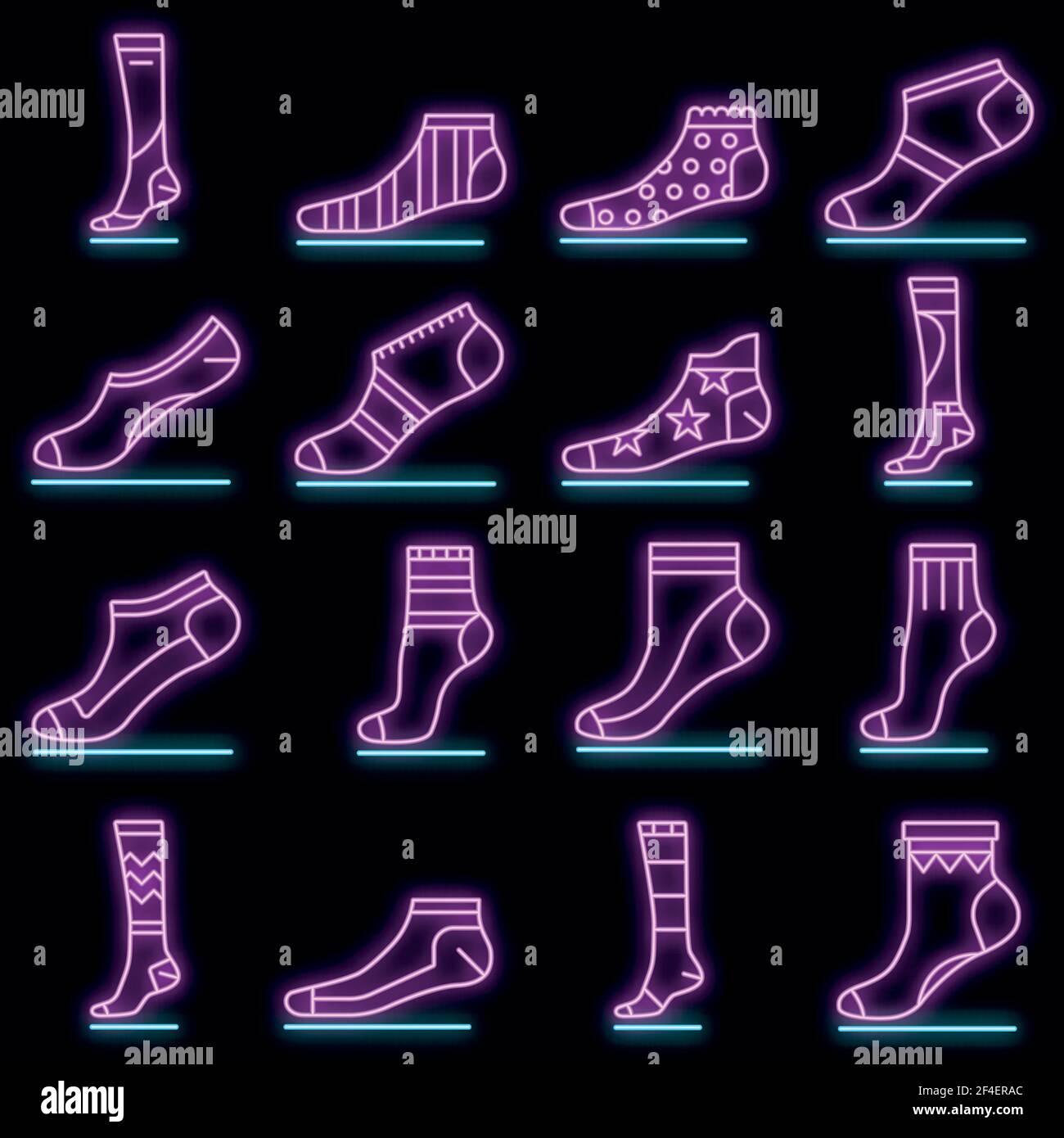 Sock icon set. Outline set of sock vector icons neon color on black ...