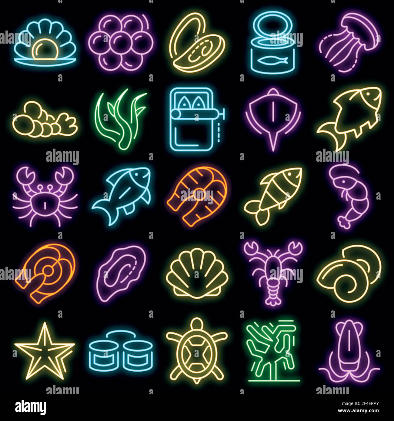 Seafood icon set. Outline set of seafood vector icons neon color on ...