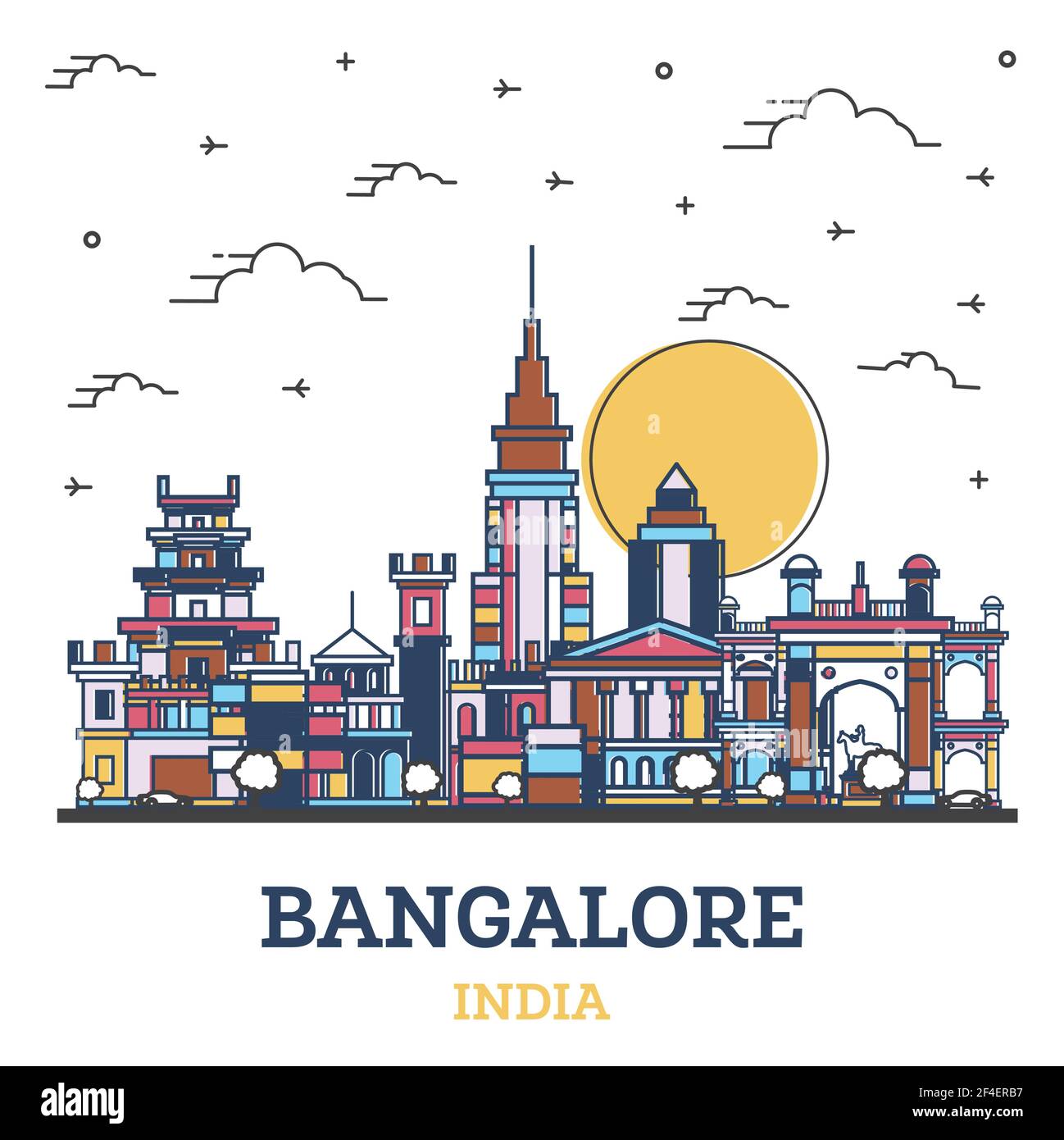 Outline Bangalore India City Skyline with Colored Historic Buildings Isolated on White. Vector