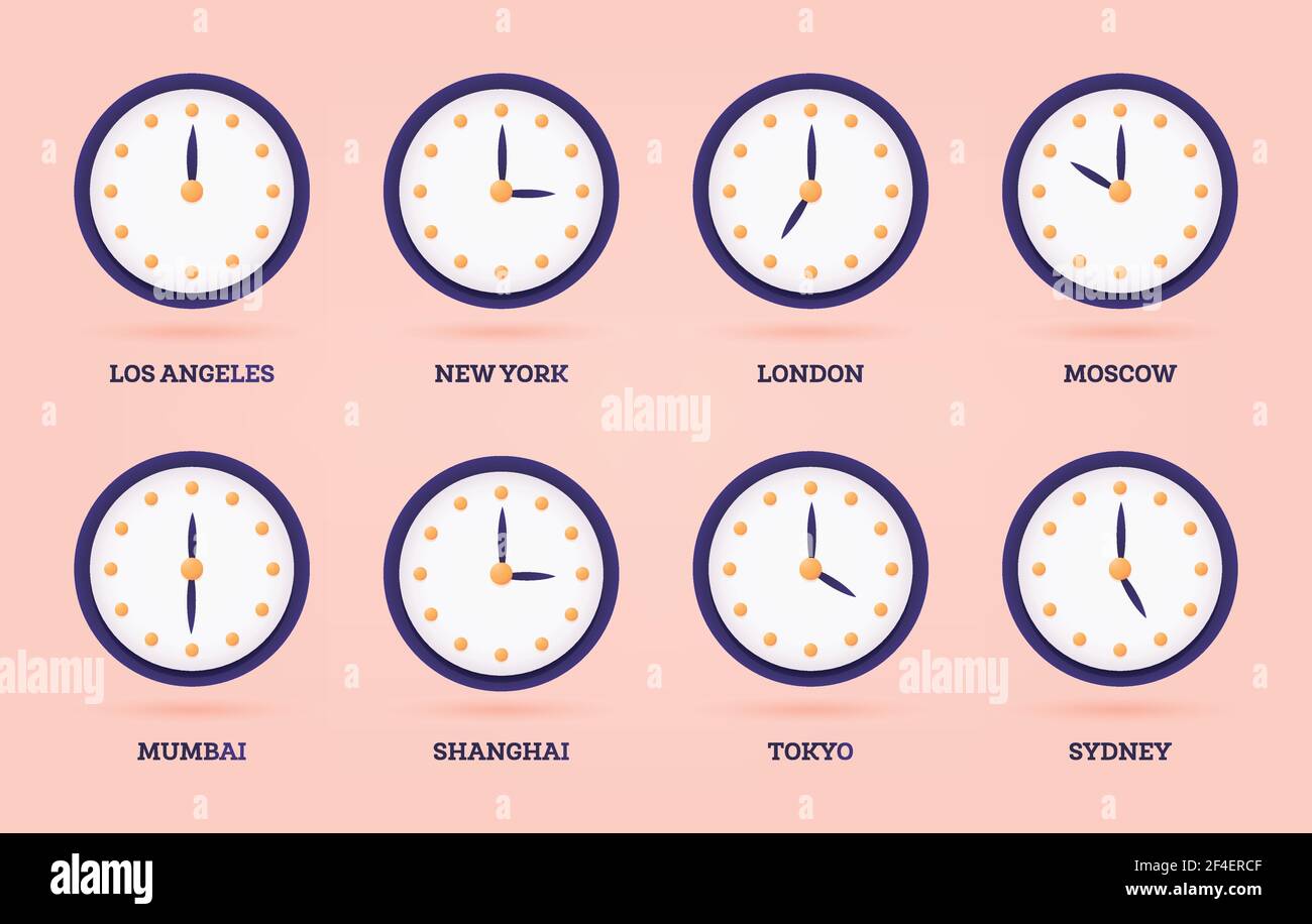 Set of 3D Clock for Different Time Zones and Cities. Vector Illustration. Stock Vector
