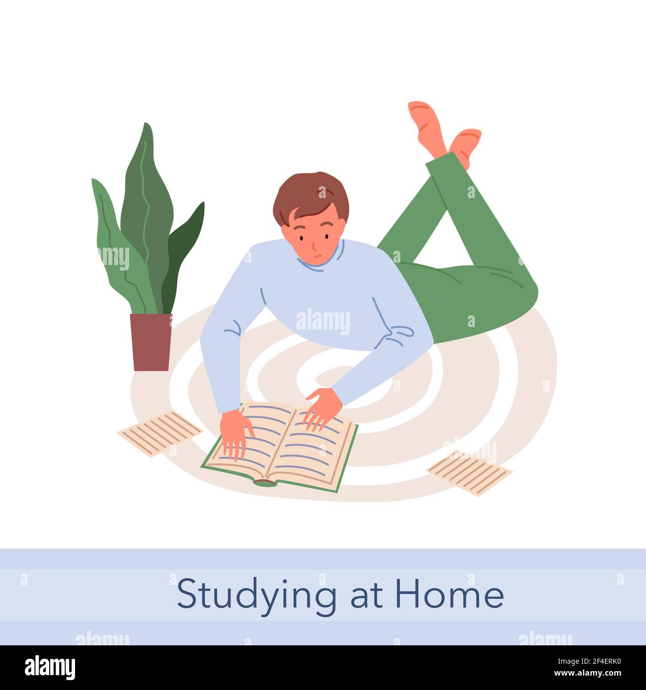 Home education, young student man studying, lying on floor carpet, reading paper books Stock Vector
