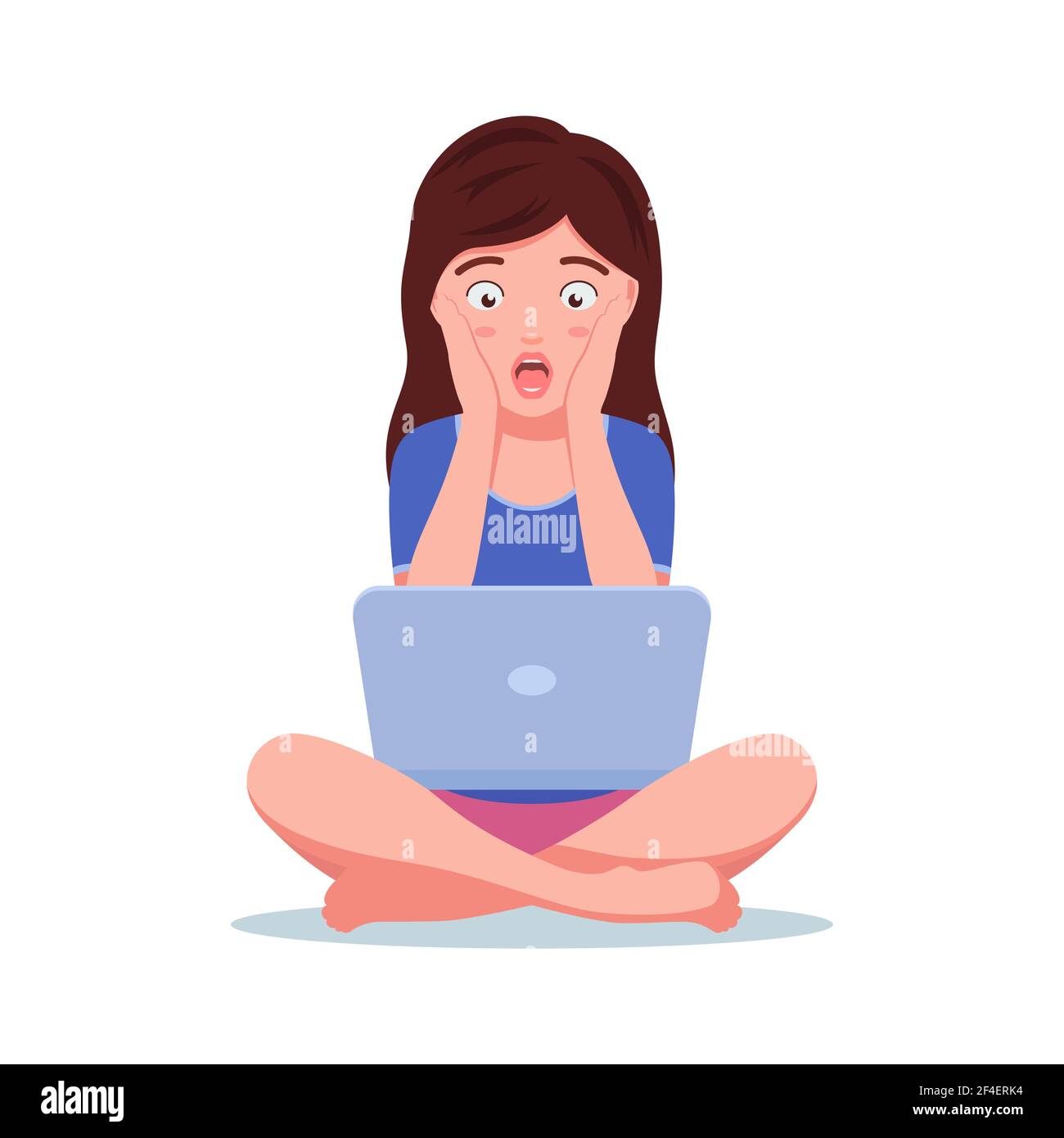 Scared girl sits at laptop. Vector illustration young beautiful frightened girl sitting on the floor watching a video on her laptop, isolated on a whi Stock Vector