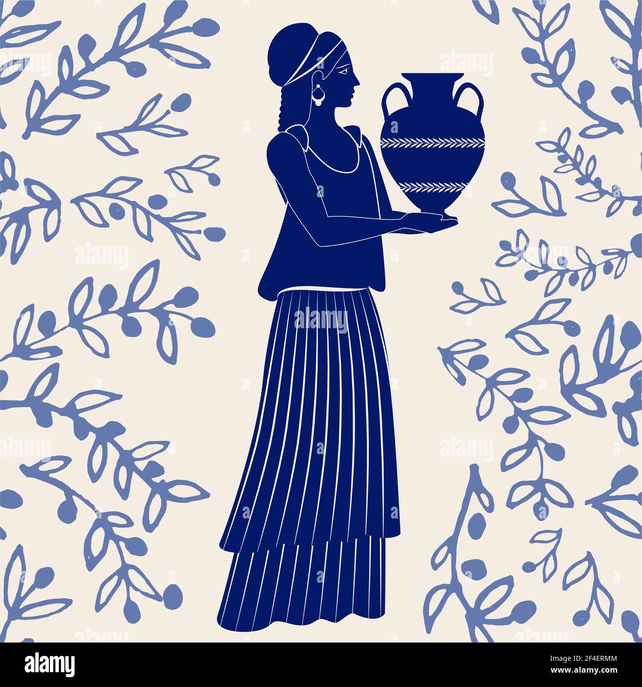 Illustrated ceramic tile. Ancient Greece girl carrying an amphora and
