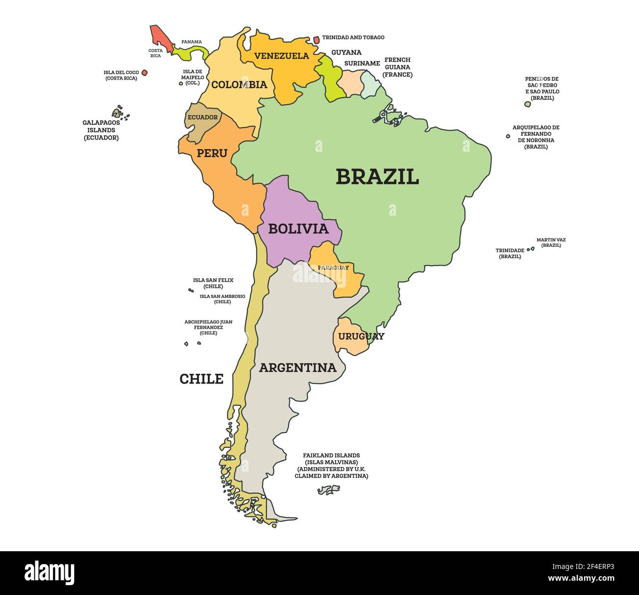South America Political Map. Vector Illustration. Map with Name of Countries Isolated on White. Stock Vector