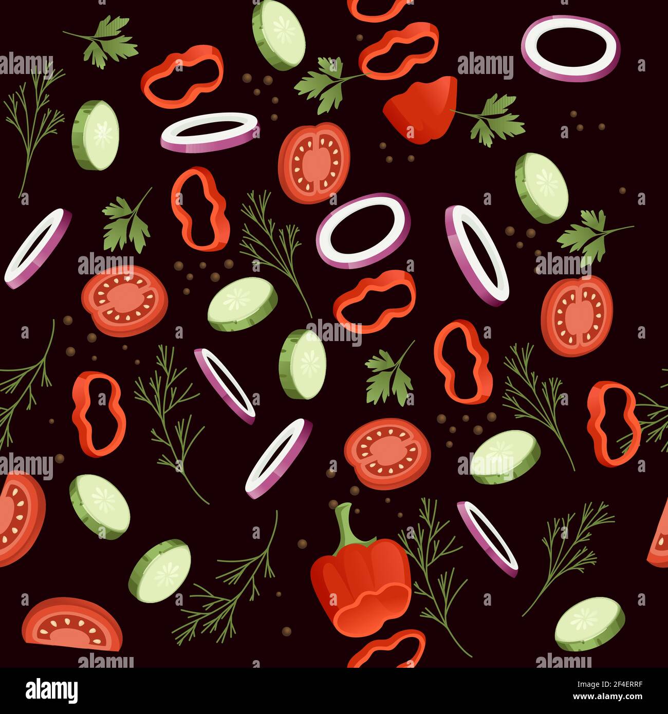 Seamless pattern sliced vegetables with tomato cucumber and herbs colored food icons for cooking vector illustration. Stock Vector