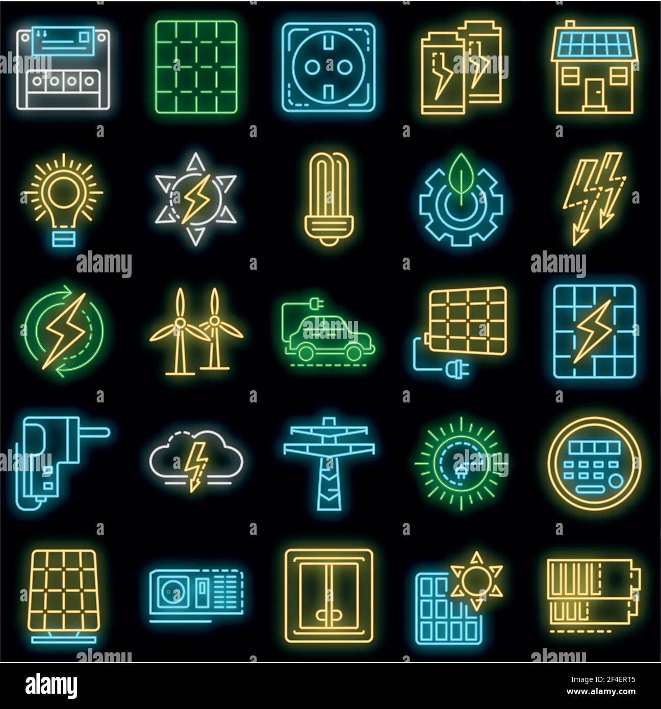 Energy equipment icon set. Outline set of energy equipment vector icons neon color on black Stock Vector