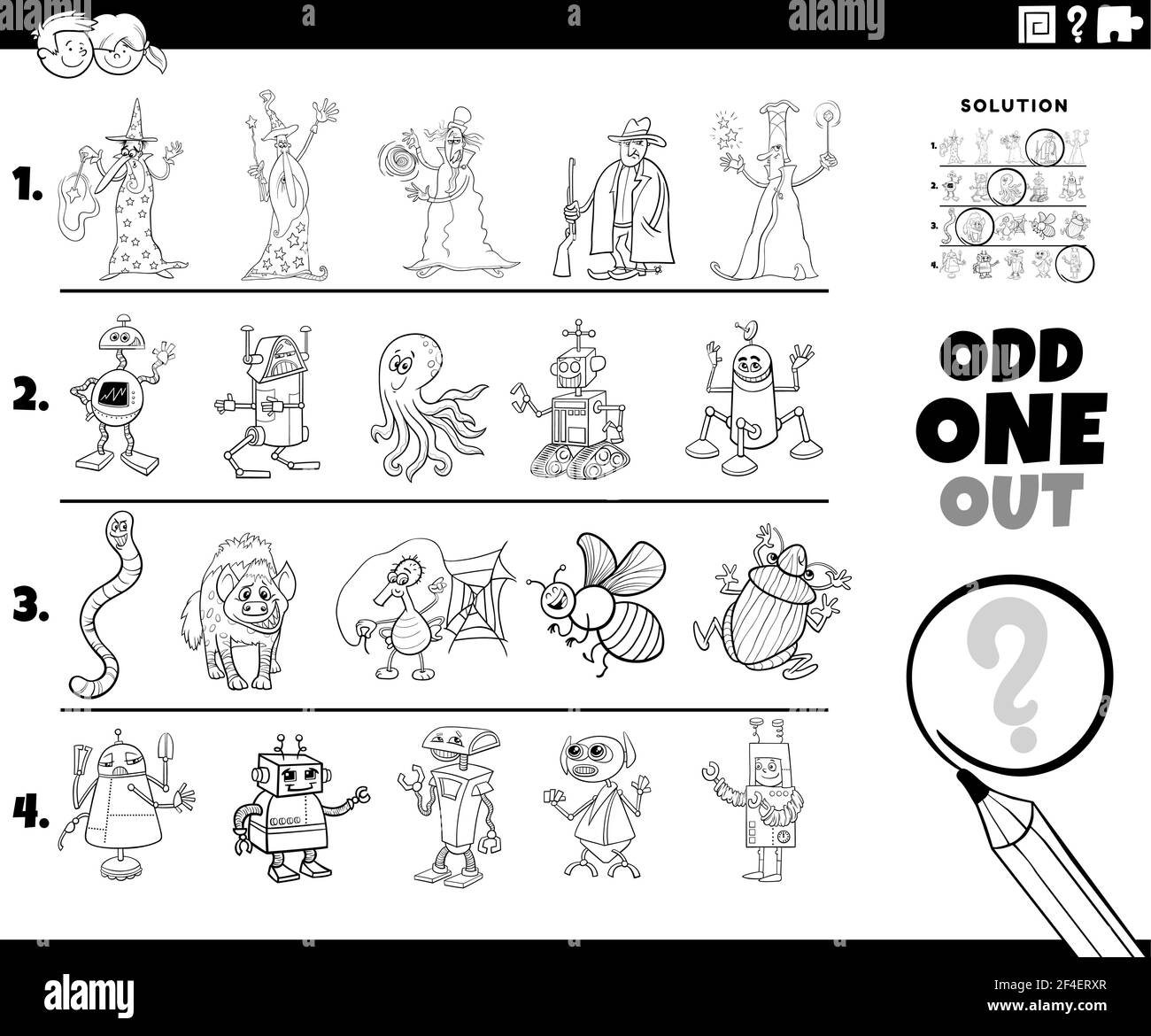 Black and White cartoon illustration of odd one out picture in a row educational game for elementary age or preschool children with comic characters c Stock Vector