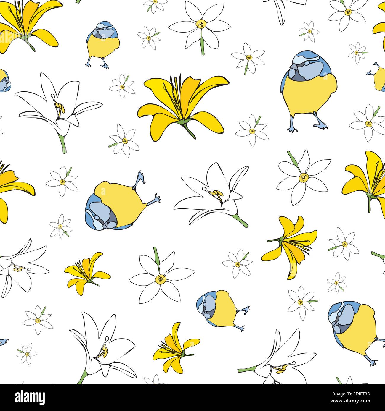 Vector white background yellow white floral birds seamless pattern ...
