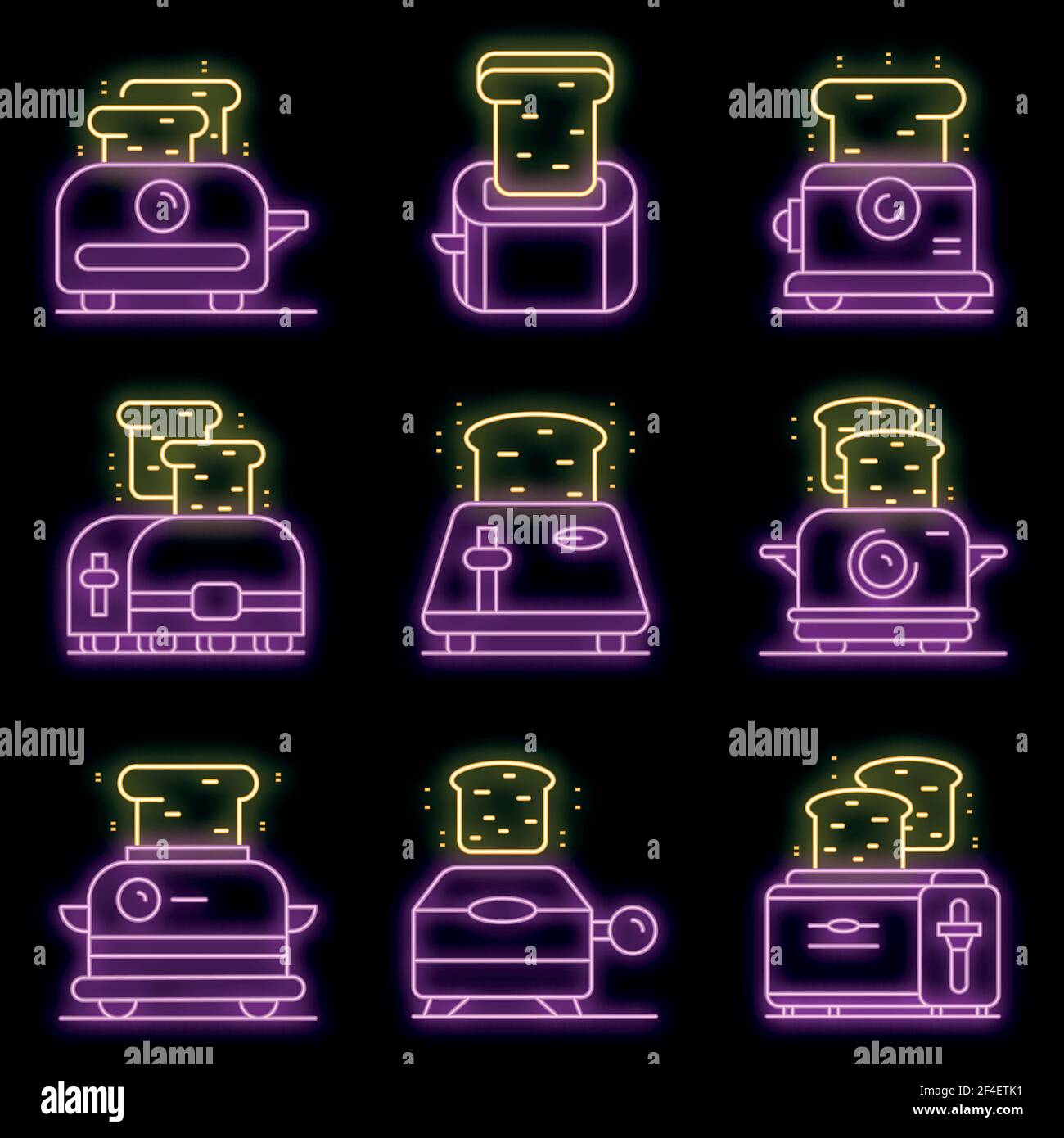 Toaster icons set. Outline set of toaster vector icons neon color on ...