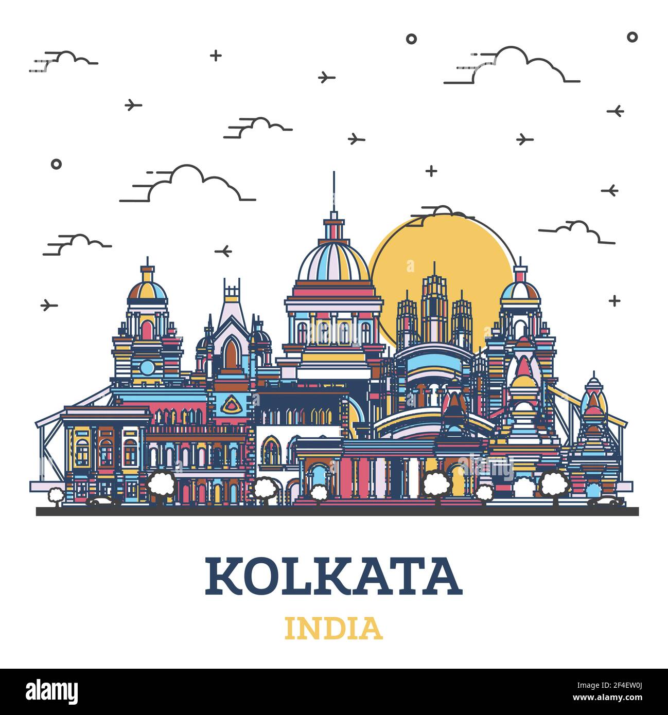 Outline Kolkata India City Skyline with Colored Historic Buildings Isolated on White. Vector Illustration. Kolkata Cityscape with Landmarks. Stock Vector