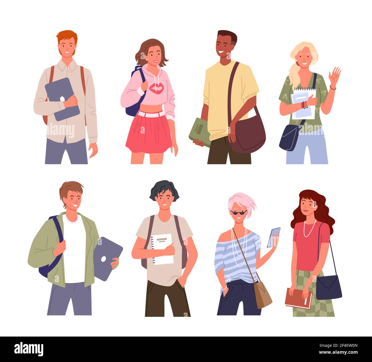 Student young multinational people diversity vector illustration set. Cartoon young man woman diverse characters standing in row and waving, holding Stock Vector