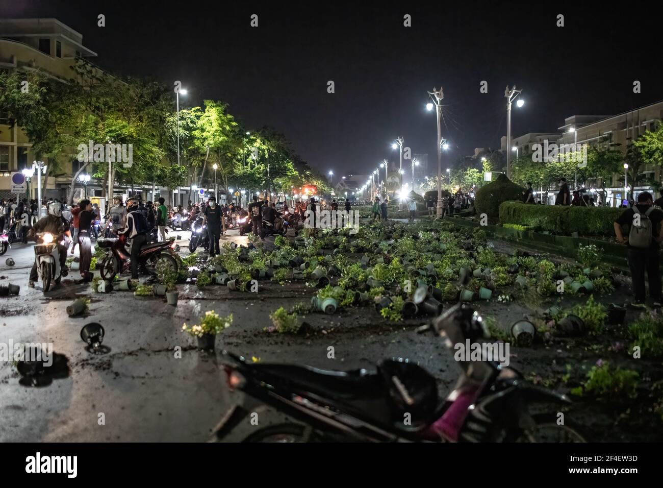 Pro democracy protesters vandalized the plants on Ratchadamnoen Avenue during an anti-government demonstration in Bangkok. Thousands of pro-democracy protesters gathered near the Grand Palace in Sanam Luang demanding the resignation of Thailand Prime Minister and the reform of the monarchy. The protesters also denounced the use of the Lese Majeste law under the section 112 of the penal code. The protest organized by REDEM (Restart Democracy) ended up with several clashes, the use of water cannon, tear gas and rubber bullet, which had left several injured. (Photo by Geem Drake / SOPA Images/Sip Stock Photo