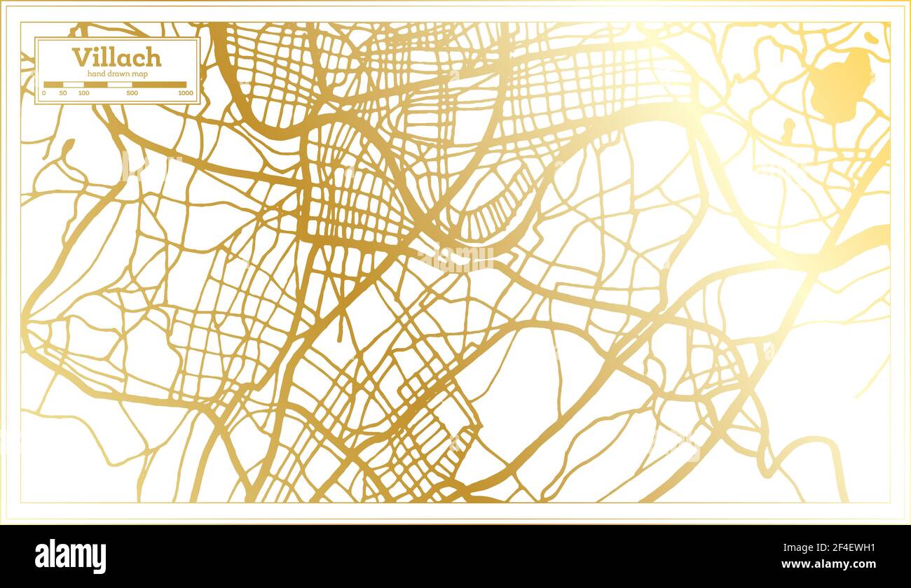 Villach Austria City Map in Retro Style in Golden Color. Outline Map. Vector Illustration. Stock Vector