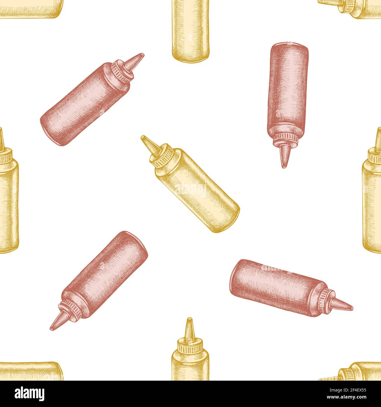 Seamless pattern with hand drawn pastel sauce bottles Stock Vector