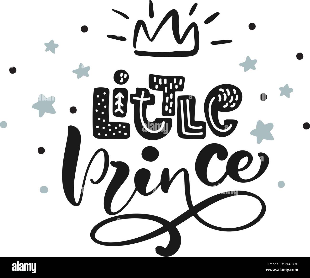 Little prince quote calligraphy lettering hand drawn scandinavian phrase illustration with crown and stars. Blue and black decorative background Stock Vector