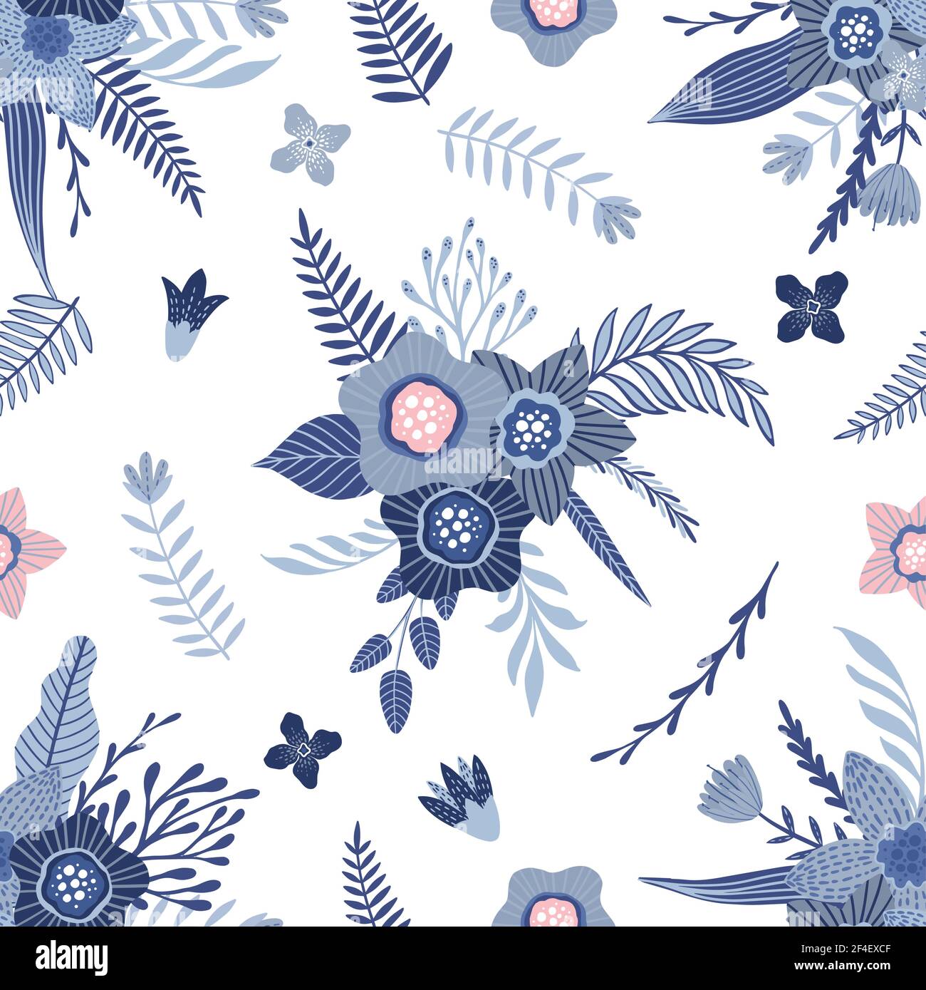 Seamless pattern with blue flowers and leaves. Creative floral texture ...