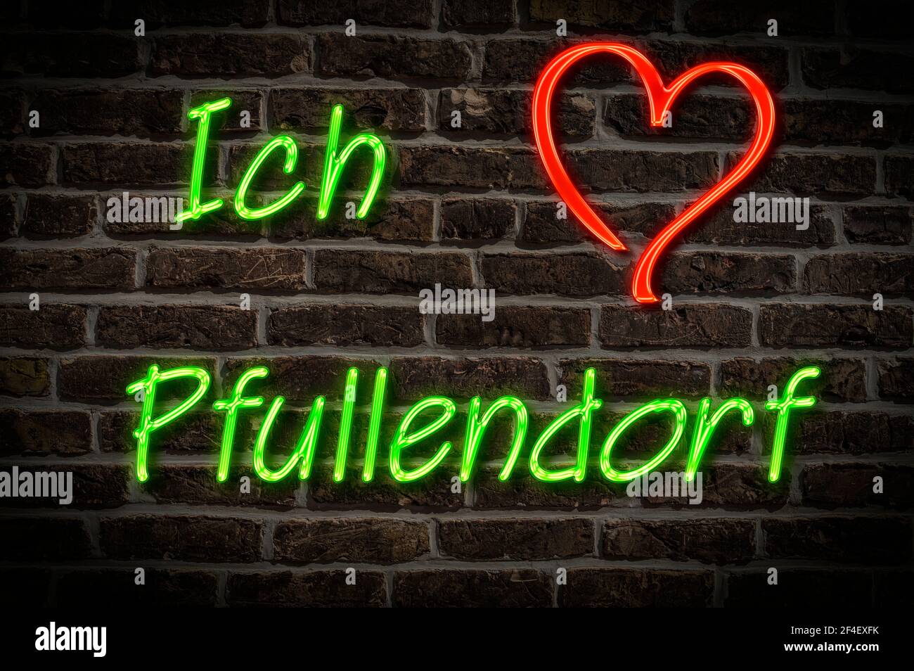 Leuchtreklame, Ich liebe Pfullendorf, Baden-Württemberg, Deutschland, Europa | Illuminated advertising, I love Pfullendorf, Baden-Württemberg, Germany Stock Photo