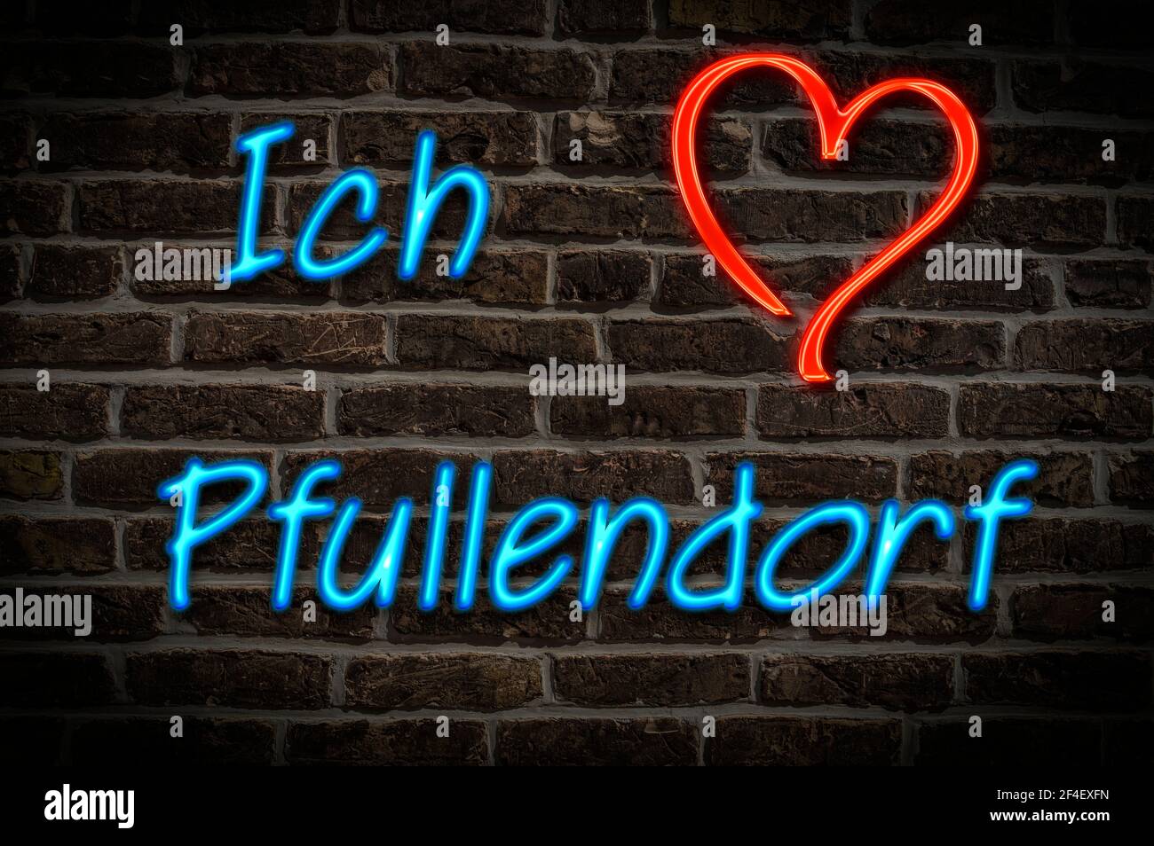 Leuchtreklame, Ich liebe Pfullendorf, Baden-Württemberg, Deutschland, Europa | Illuminated advertising, I love Pfullendorf, Baden-Württemberg, Germany Stock Photo