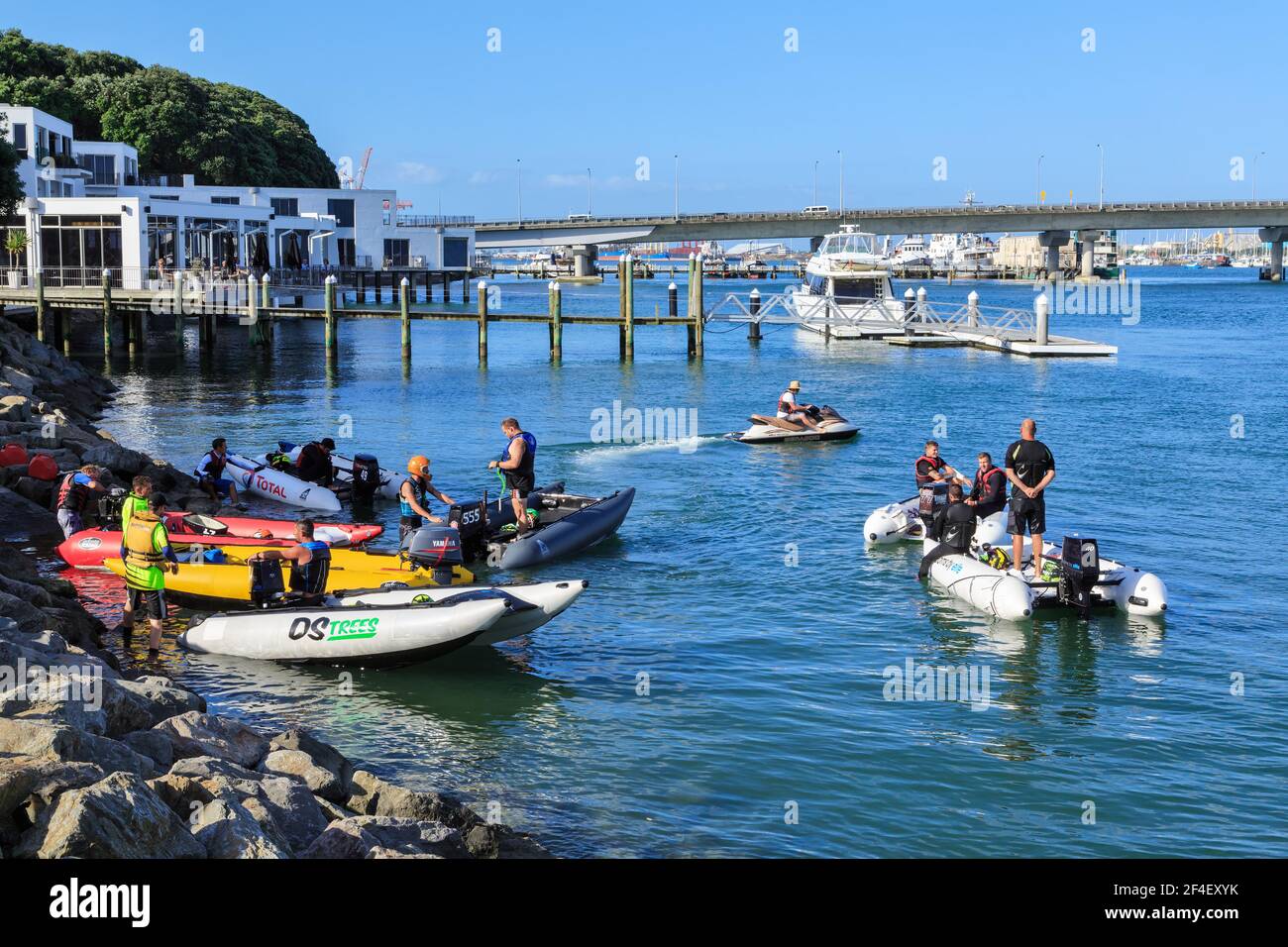 A boating club with inflatable boats in Tauranga Harbour, Tauranga, New