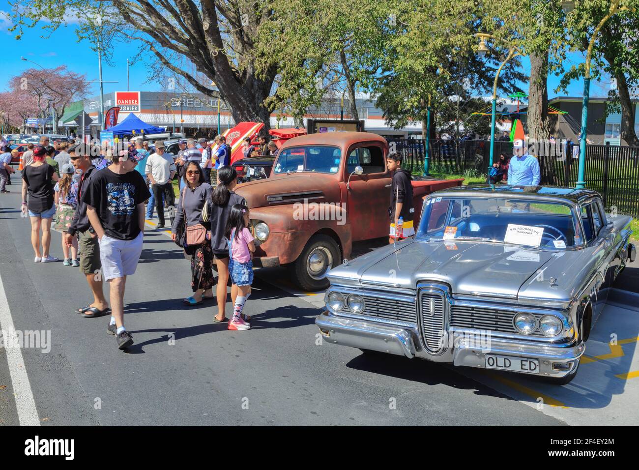 An outdoor classic car show. In the foreground is a silver 1959 Ford Edsel. Tauranga, New Zealand Stock Photo