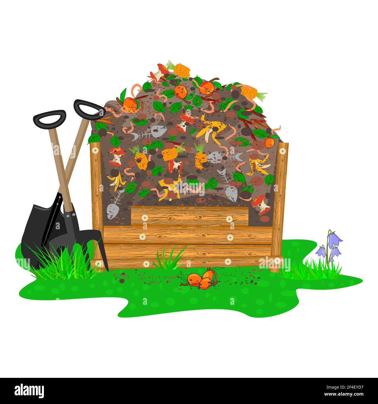 Compost box with with organic material and worms isolated on white background. Recycling, zero waste and composting concept. Stock vector illustration Stock Vector