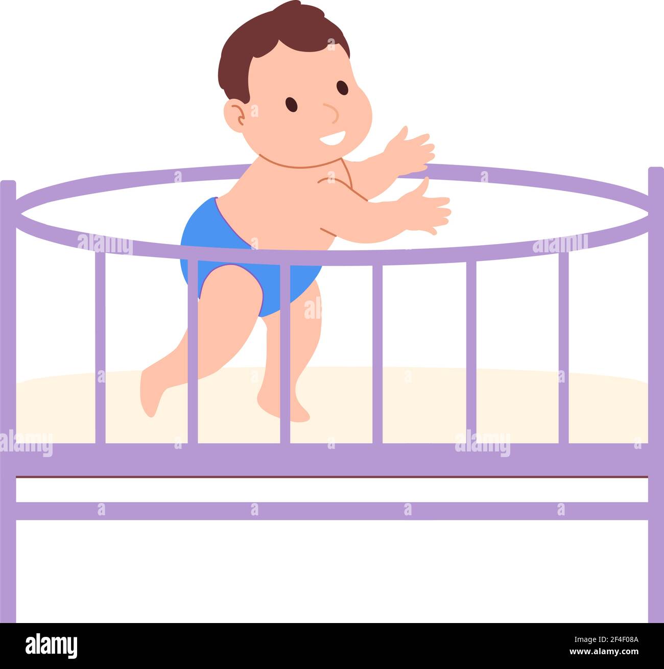 baby in the crib. The newborn in the blue diaper stretches the arms