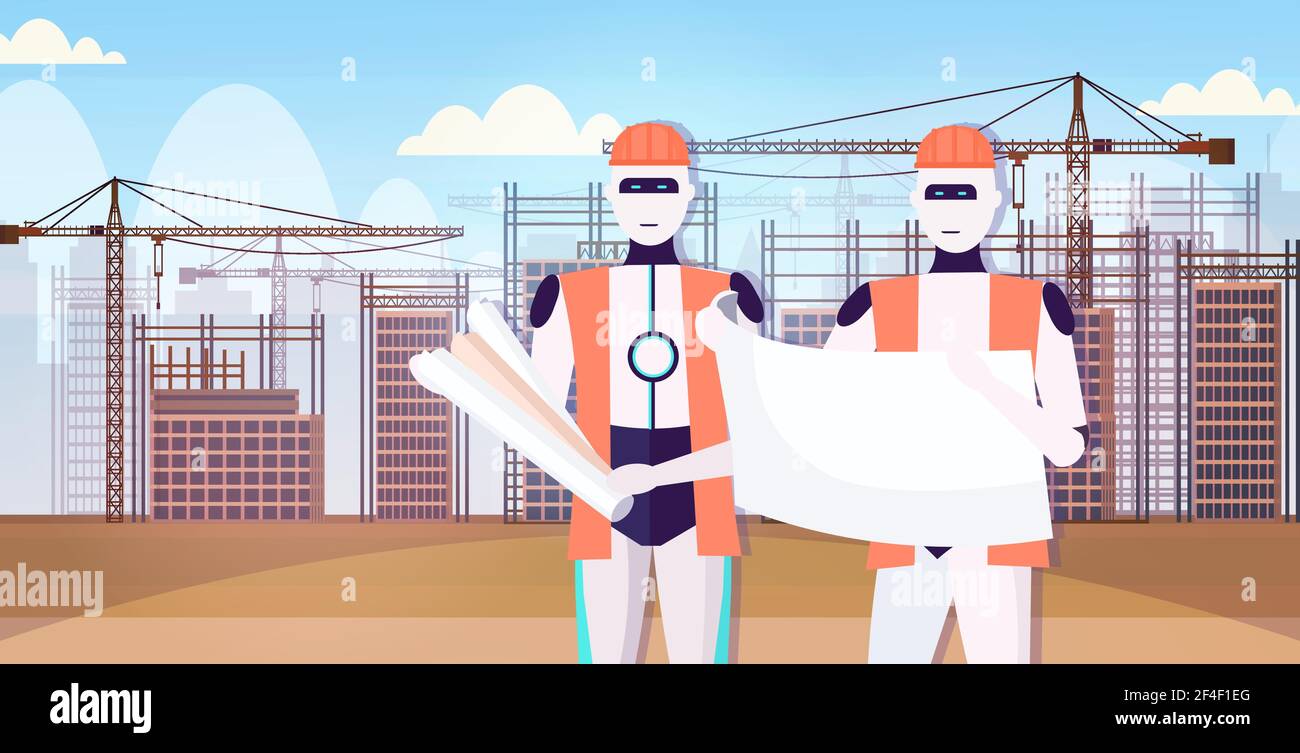 two robots architects in uniform holding blueprints artificial