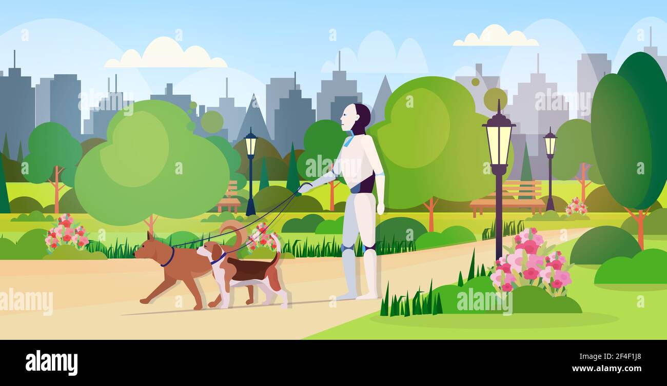 modern robot walking with dogs artificial intelligence technology concept public park cityscape background horizontal full length vector illustration Stock Vector