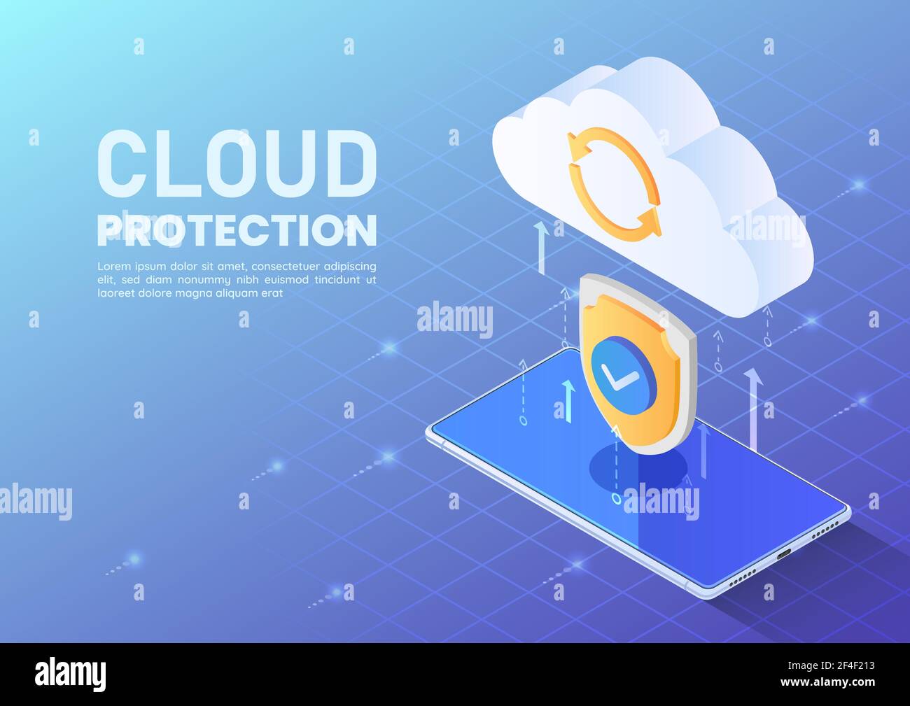 Isometric Web Banner Shield Protecting Data Tranfer From Smartphone to Cloud. Cloud Data Protection and Cloud Computing Concept. Stock Vector