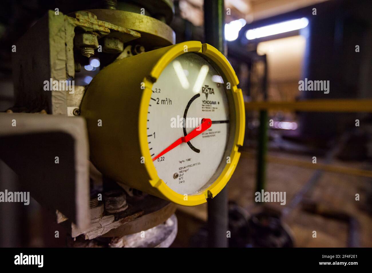 Caustic chemical plant. Yokogawa soduim hypochlorite flow meter. Low