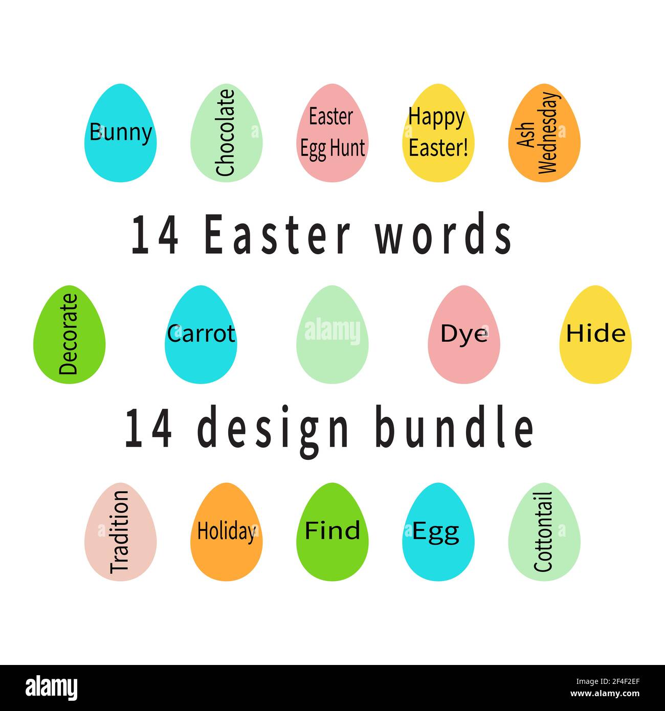 14 Easter traditional words group on colorful eggs. Word of God. Spiritual strength source. Lettering for Jesus resurrection day. Text on decorative Stock Vector