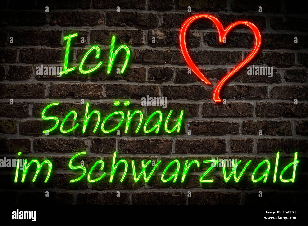 Leuchtreklame, Ich liebe Schönau im Schwarzwald, Baden-Württemberg, Deutschland, Europa | Illuminated advertising, I love Schönau im Schwarzwald, Bade Stock Photo