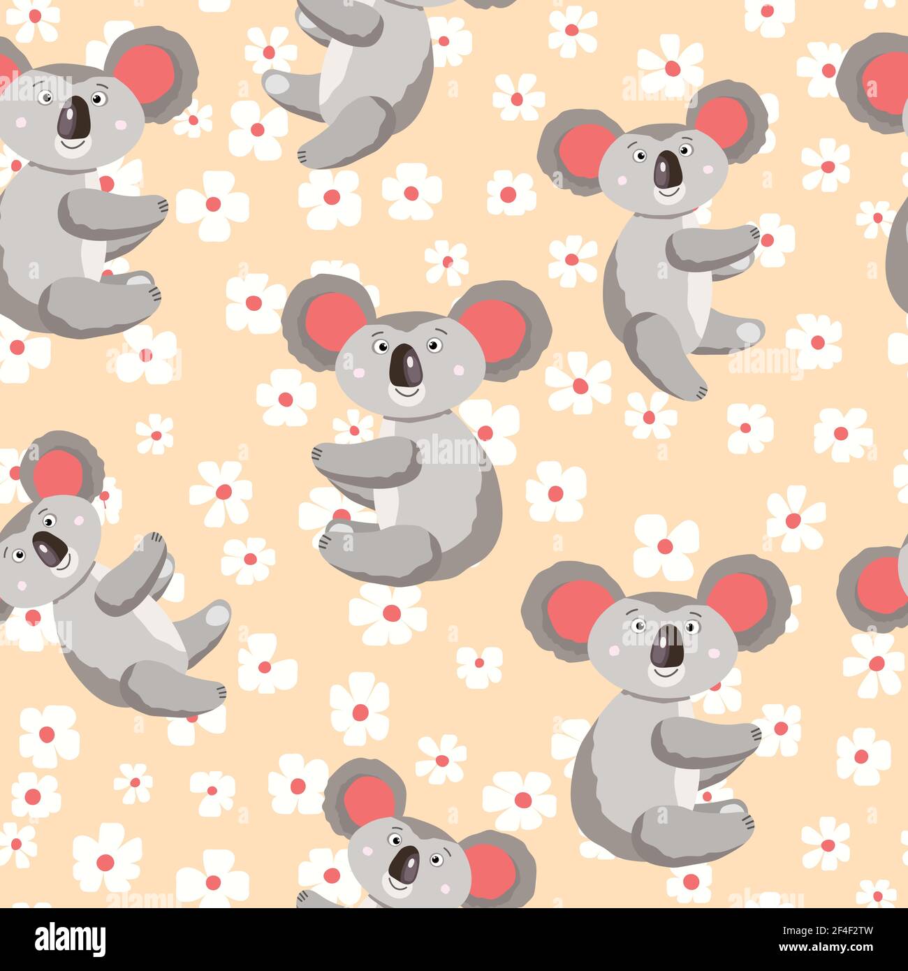 Seamless pattern with cute koala baby and flowers on color background ...