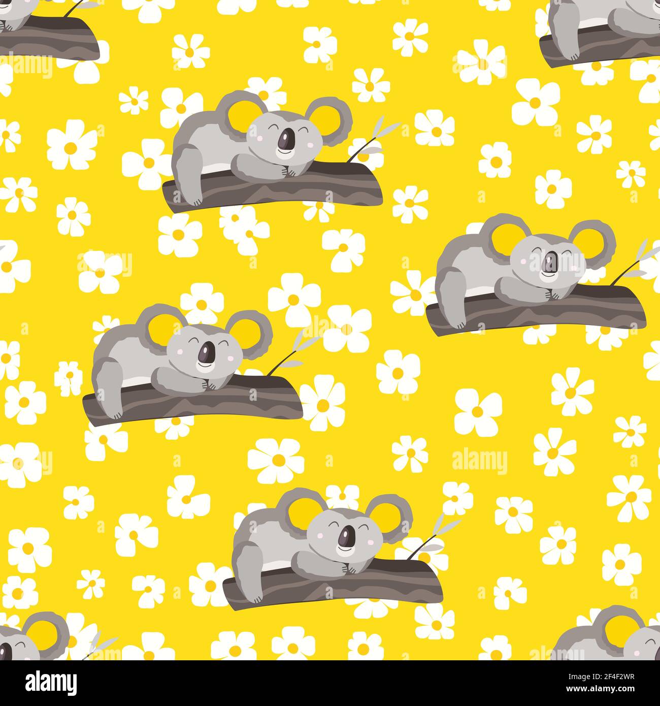 Seamless pattern with cute koala baby and flowers on color background ...
