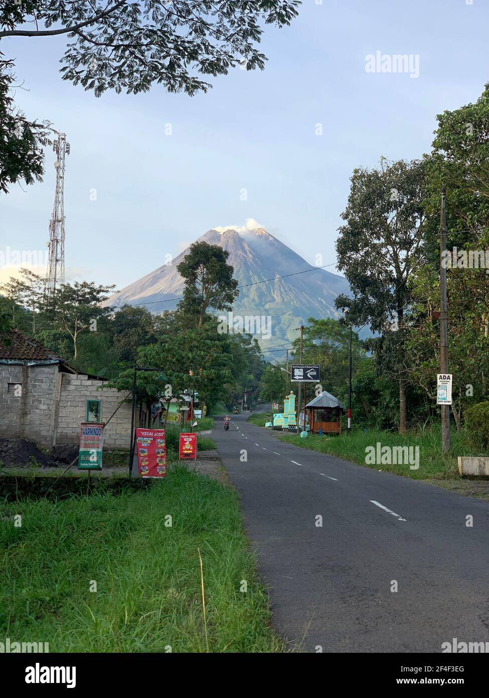 View of Mount Merapi from the village Cangkringan in its south. Stock Photo