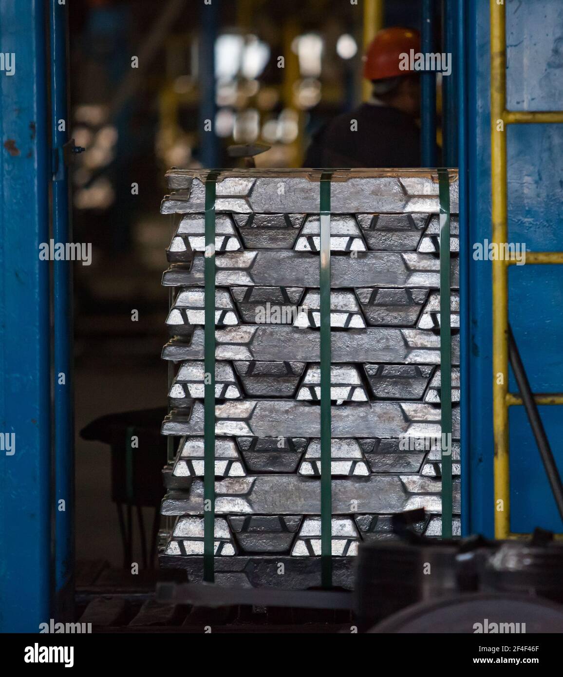 Pavlodar Aluminium electrolysis plant. Pallet of packed aluminum ingots on warehouse. Stock Photo