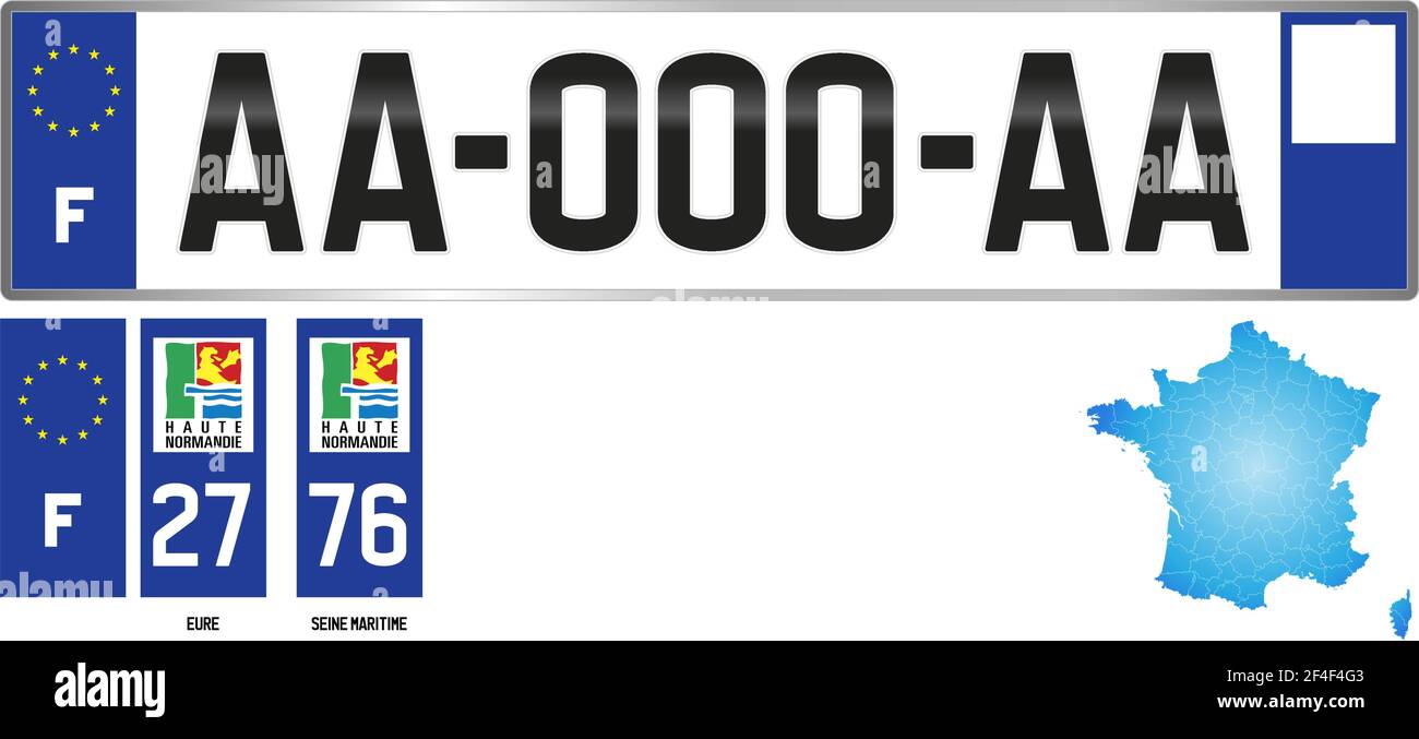 Haute Normandie, France, french regional license plate template, detail of the side label of the department, vector illustration, example of numbering Stock Vector
