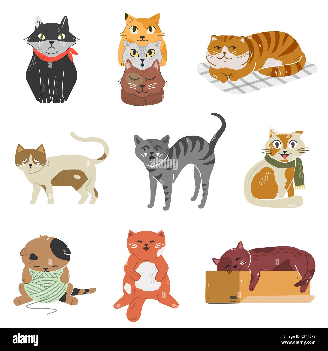 Variety of breeds cats with different poses and emotions. Collection of adorable kittens. Stock Vector